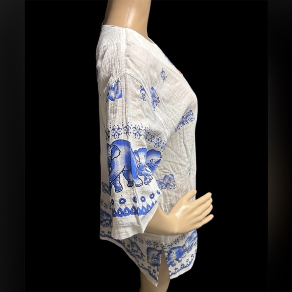 Whimsical Elephants 100% Cotton Split Neck PullOver Tunic By DA Collection Sz L - Picture 5 of 12